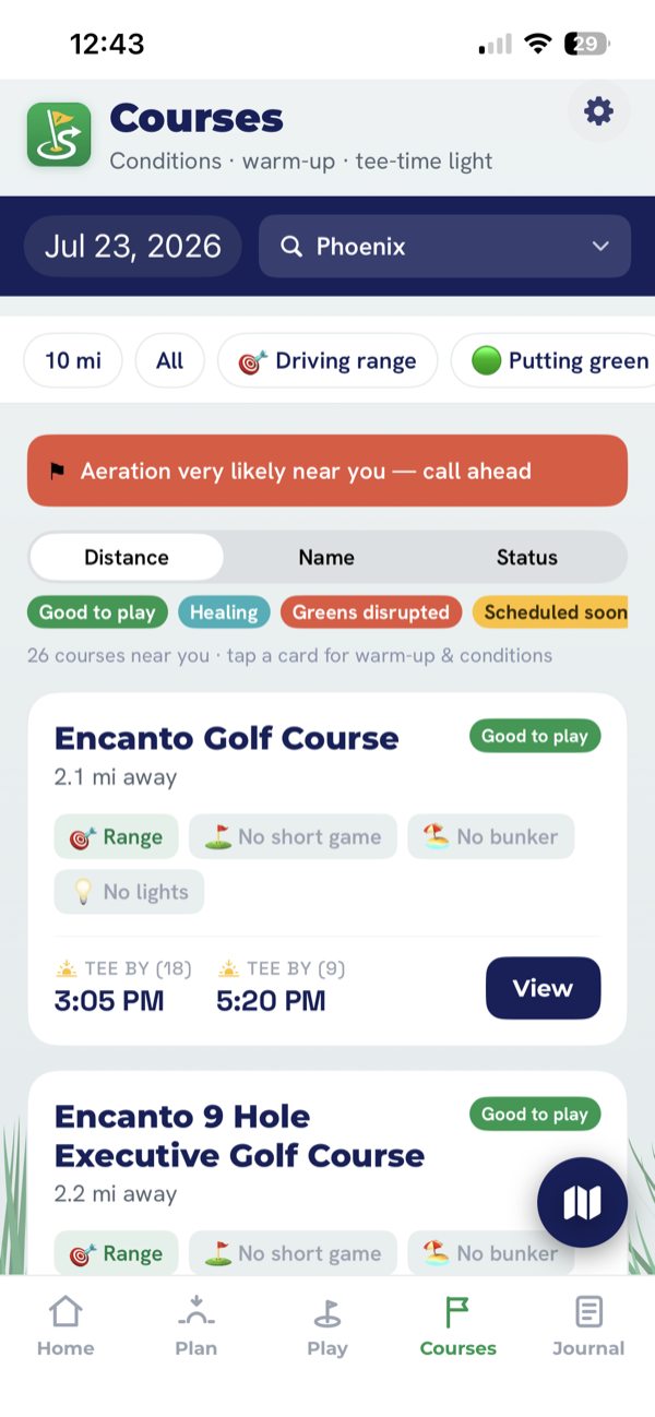 StickScout's course list showing conditions, warm-up facilities and tee-by times for courses near you