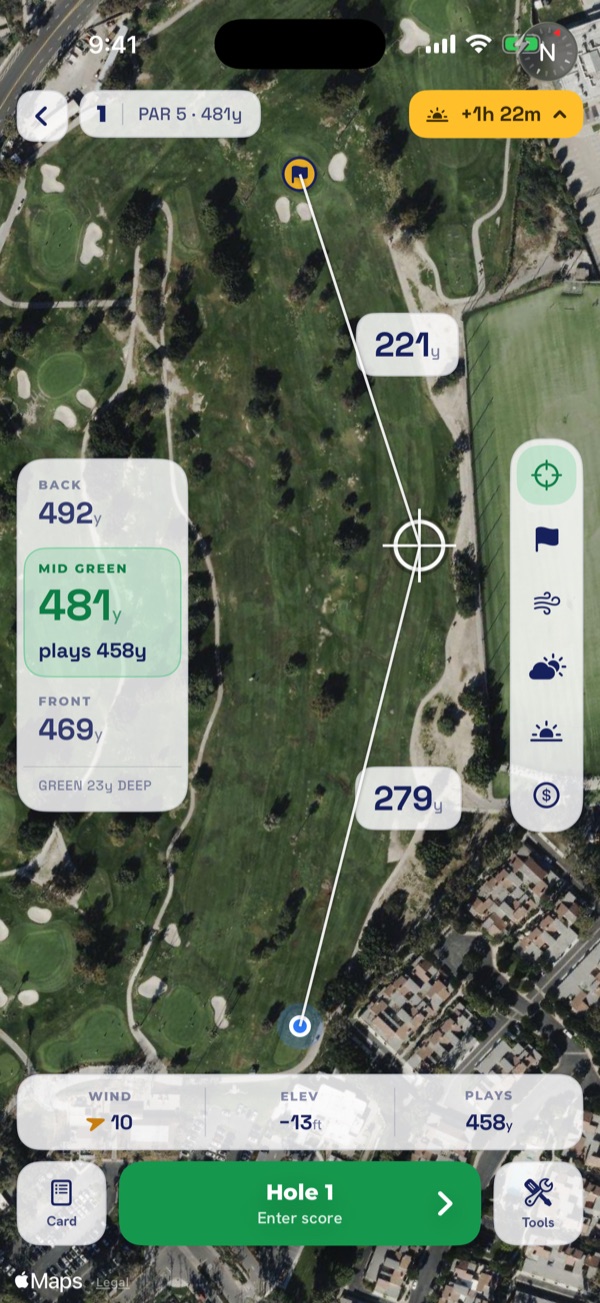 StickScout's on-course GPS rangefinder — an aerial view of the hole with front, center and back yardages to the green, aim points, wind and elevation