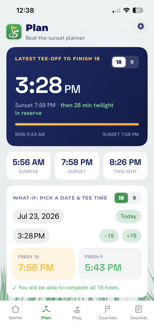 StickScout showing the latest tee time that still finishes in daylight