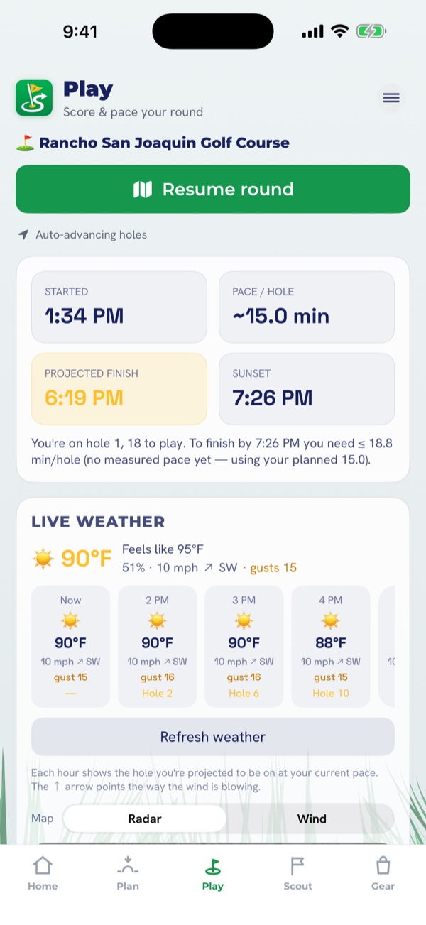 StickScout's live round screen — pace against the sunset, projected finish time and hour-by-hour weather mapped to the holes you'll be playing
