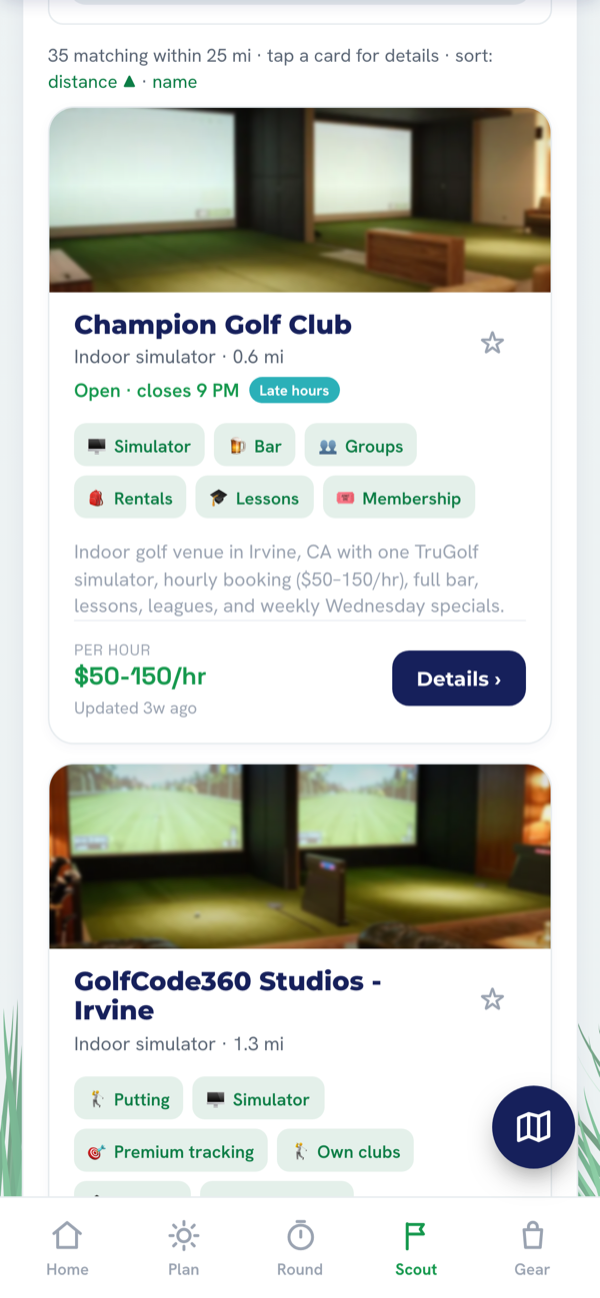 StickScout's indoor golf simulator directory showing sim venues, launch-monitor tech and bay counts near you