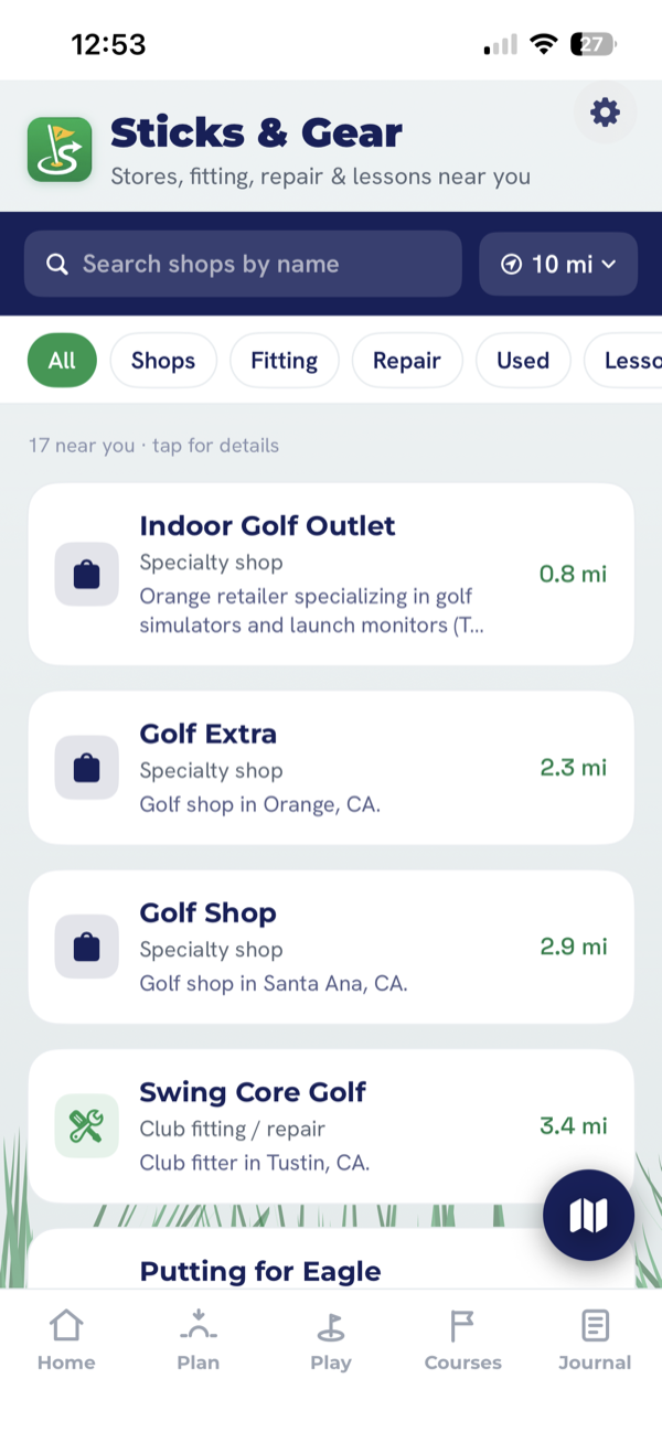 StickScout's Sticks & Gear list showing golf shops, club fitters and repair services near you